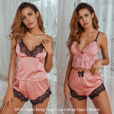 3pcs pack satin cami top+lace cami top+panties,Sleepwear Womens Sexy Lingerie Satin Pajamas Cami Shorts Set Nightwear,Elastic Waist Short Pajama Set Sai Feel